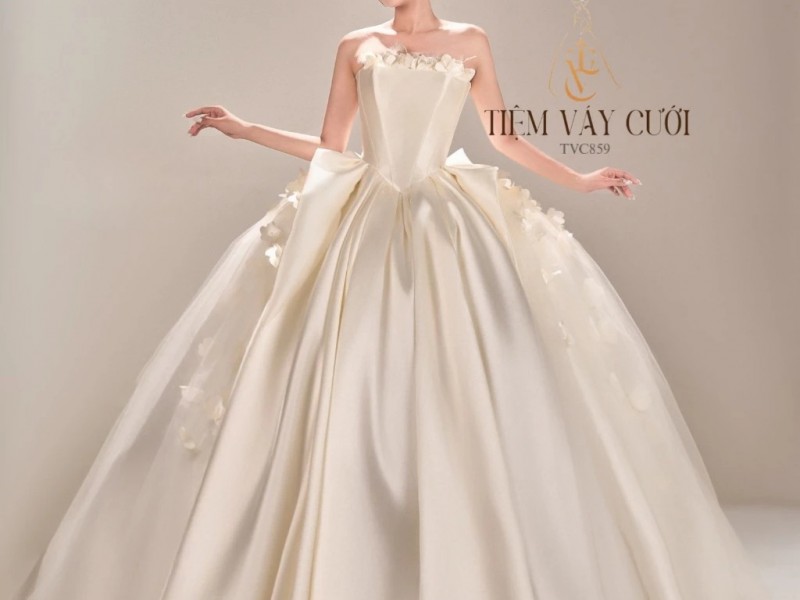 TVC859 Váy Cưới Làm Lễ,Váy Cưới Cô Dâu, Đầm Cưới Tiệc, Vải Phi, Hoa 3D, Tùng Bồng