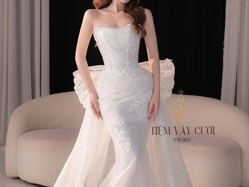 TVC865 Váy Cưới Đi Bàn, Váy Cưới Cô Dâu, Đầm Cưới Đuôi Cá, Cúp Ngực, Tà Dài, Nơ Lớn